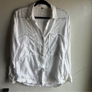 Free People Oversized White Cotton Blend Sheer Plaid Button-Up‎ Shirt Size S